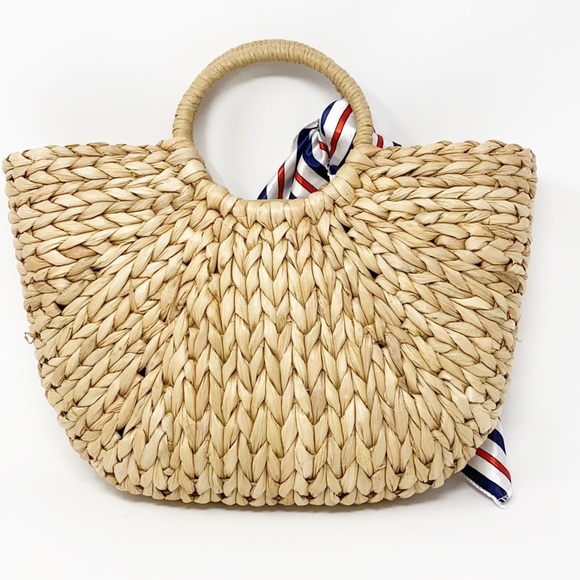 NWOT Retro Summer Beach Rattan Handbag With Scarf - Picture 5 of 10